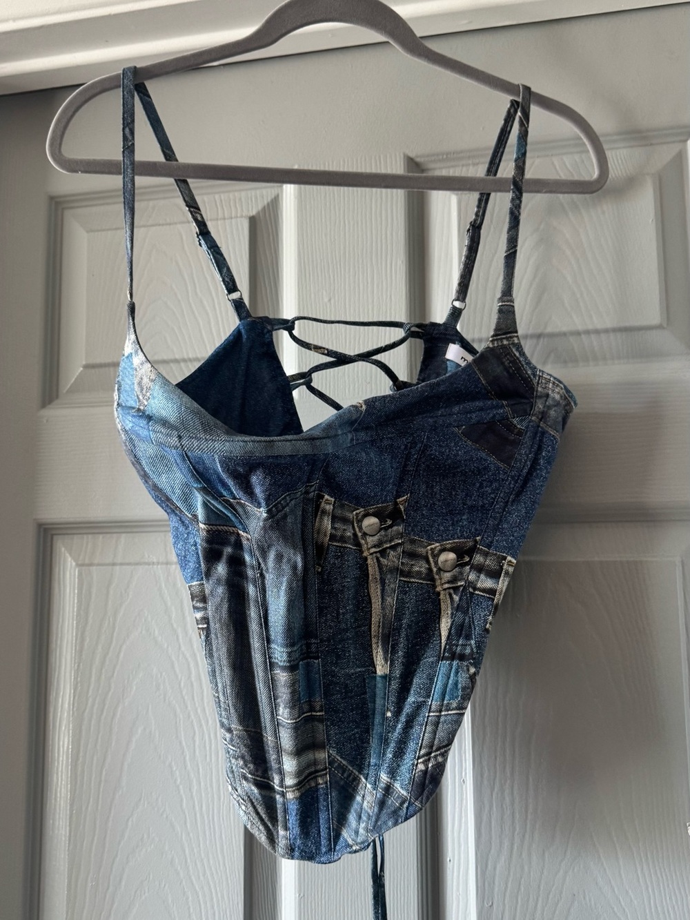 Miaou Women’s Blue Denim-Print Corset Top